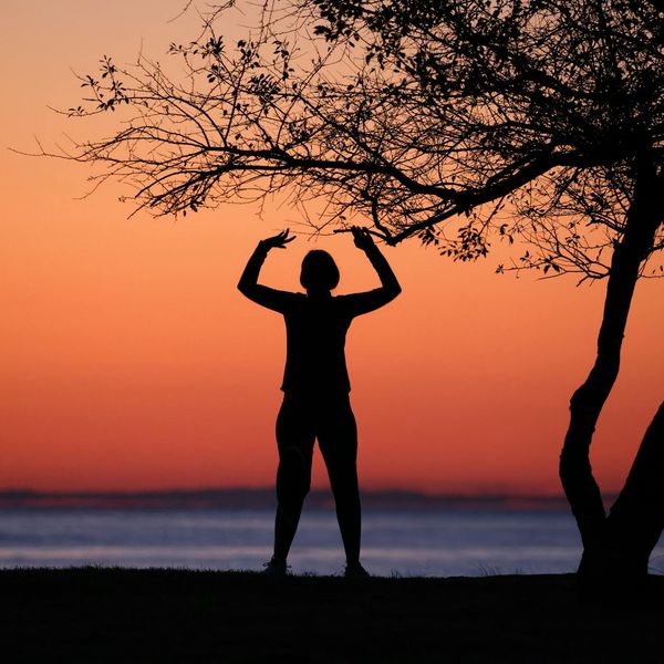Silhouette of a person balancing in a yoga tree pose during sunset.